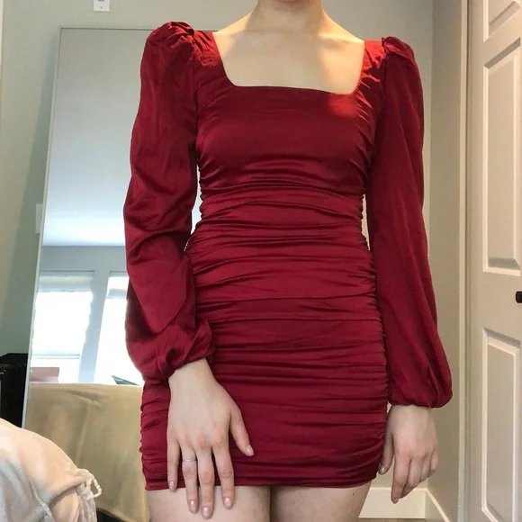 open lace back dress Satin Off-Shoulder Draped Mini Dress in True Red - 2